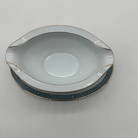 Noritake Harcourt 6857 Gravy Boat with  Underplate Gold Trim Blue Print - Picture 2 of 5